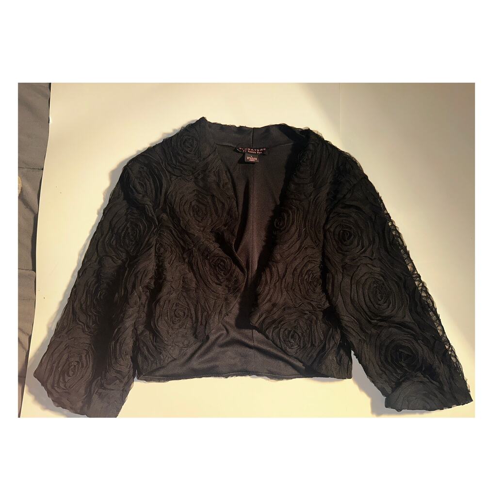 Signature by Robbie Bee Black Sheer Rosette Jacket Size Lg Prom Cover Up
